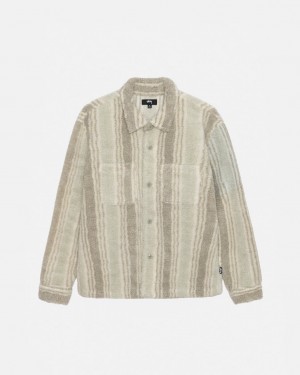 Beige Men's Stussy Striped Sherpa Shirt Jackets KSA | ZRZ-3176