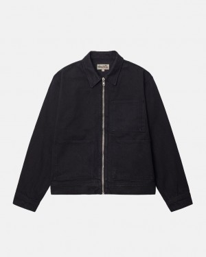 Black / Black Men's Stussy Zip Work Jacket Overdyed Denim KSA | SHG-6573