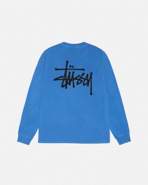 Blue Men's Stussy Basic Stussy LS Tee Pigment Dyed Tees KSA | FJG-5323