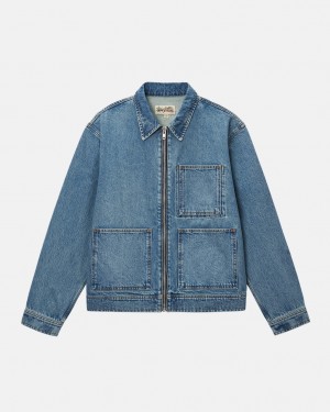 Blue Men's Stussy Zip Work Jacket Denim KSA | NID-9606