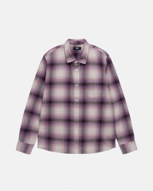 Burgundy Men's Stussy Bay Plaid Shirts KSA | NCZ-4809