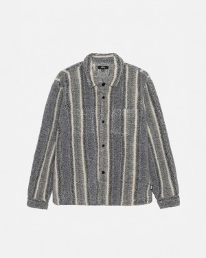 Charcoal Men's Stussy Striped Sherpa Shirts KSA | SHZ-3435