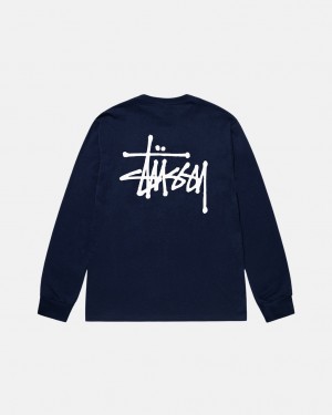 Navy Men's Stussy Basic Stussy Ls Tees KSA | EUJ-9176