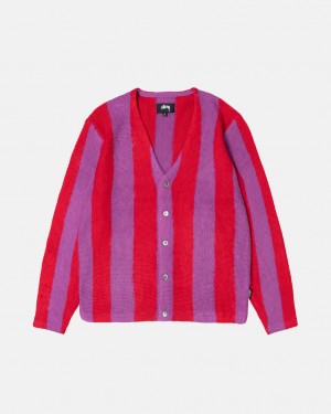 Purple Men's Stussy Stripe Brushed Cardigan Sweaters KSA | CQF-8886