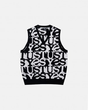 White / Black Women's Stussy Stacked Sweater Vest Sweaters KSA | NDF-4017