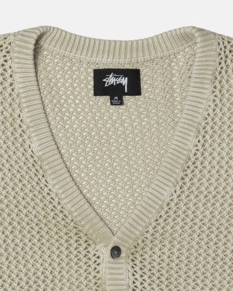 Beige Men's Stussy Loose Gauge Cardigan Sweaters KSA | BDE-8092