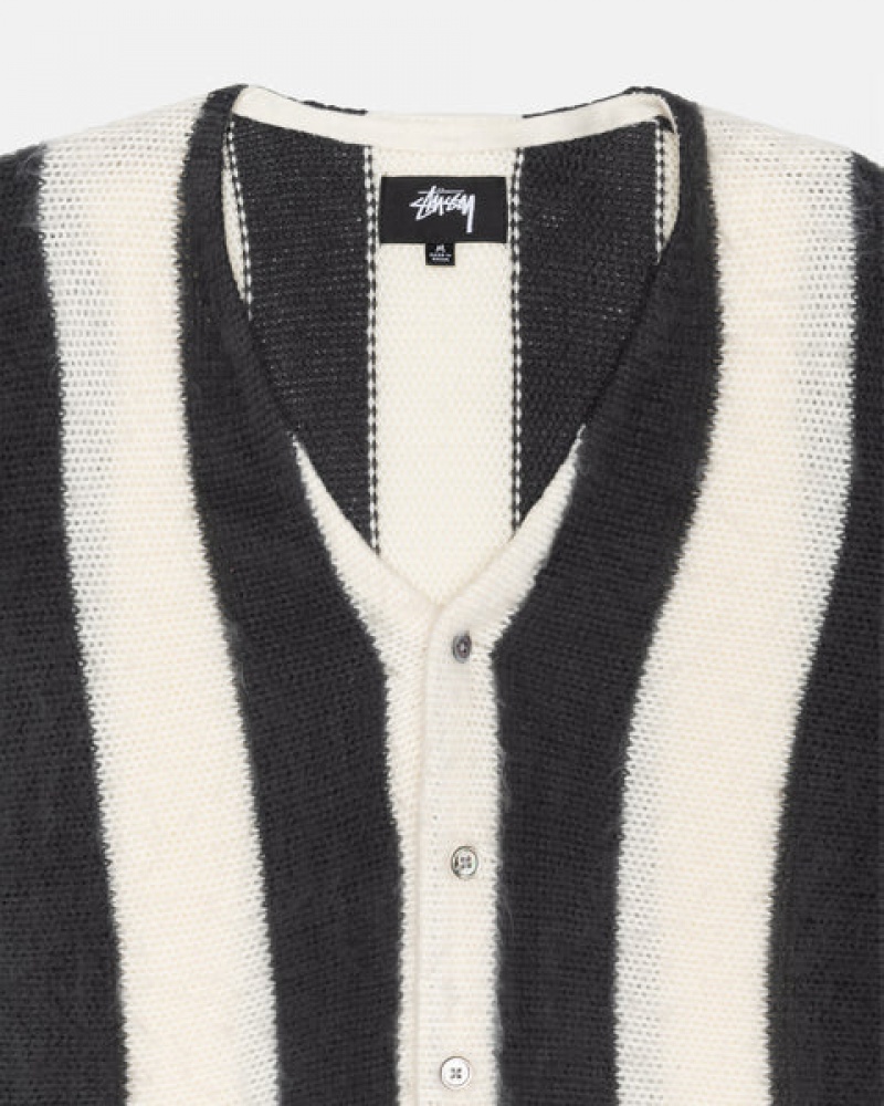 Beige Men's Stussy Stripe Brushed Cardigan Sweaters KSA | DVV-5697