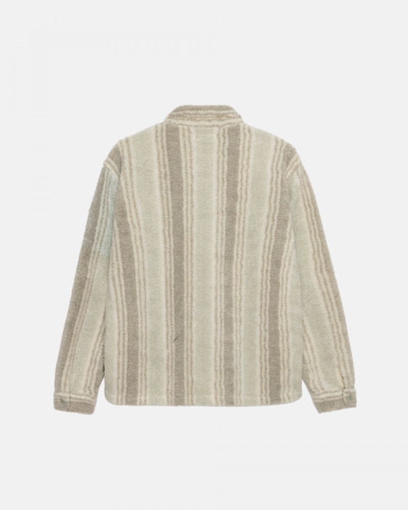 Beige Men's Stussy Striped Sherpa Shirt Jackets KSA | ZRZ-3176