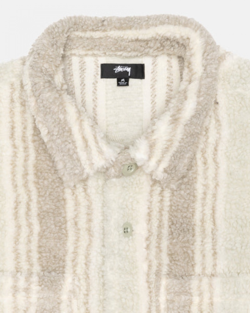 Beige Men's Stussy Striped Sherpa Shirt Jackets KSA | ZRZ-3176