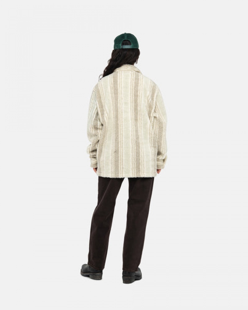 Beige Men's Stussy Striped Sherpa Shirt Jackets KSA | ZRZ-3176