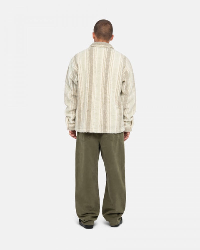 Beige Men's Stussy Striped Sherpa Shirts KSA | HYR-6169