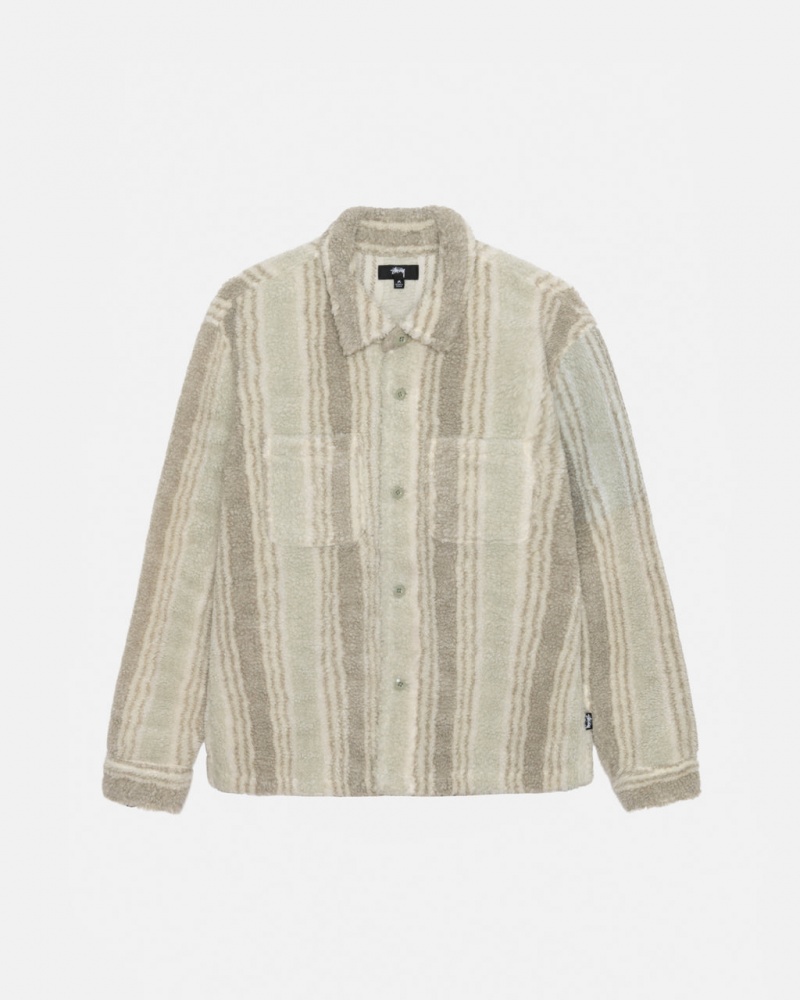 Beige Men\'s Stussy Striped Sherpa Shirts KSA | HYR-6169