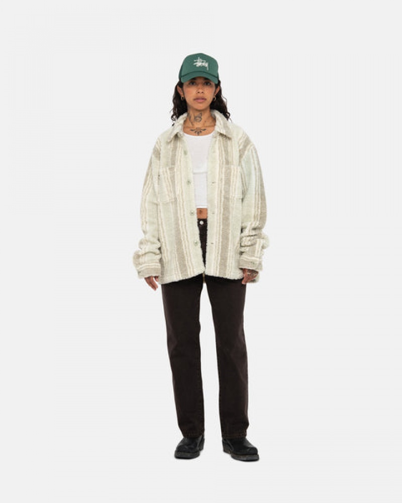 Beige Women's Stussy Striped Sherpa Shirt Jackets KSA | MAB-2400