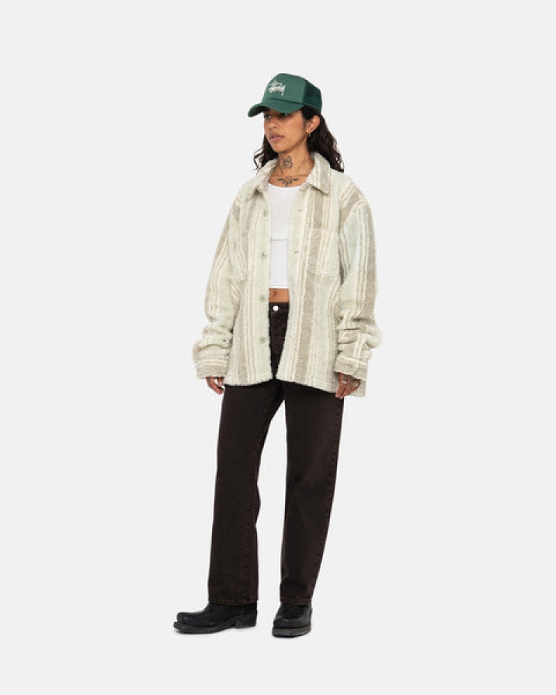 Beige Women's Stussy Striped Sherpa Shirt Jackets KSA | MAB-2400