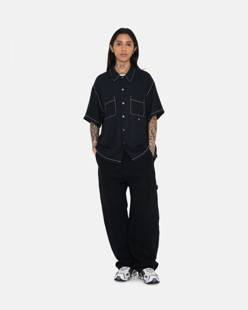 Black Men's Stussy Contrast Pick Stitched Shirts KSA | RSK-8258