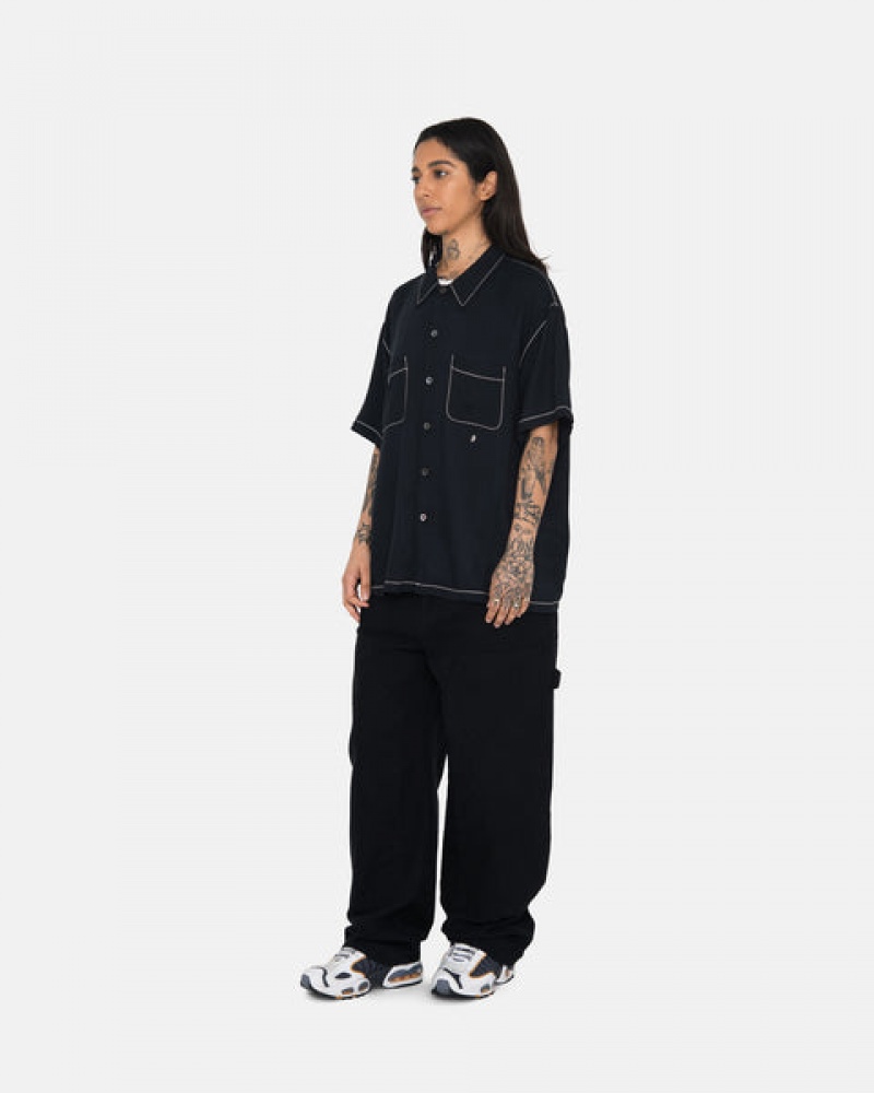 Black Men's Stussy Contrast Pick Stitched Shirts KSA | RSK-8258