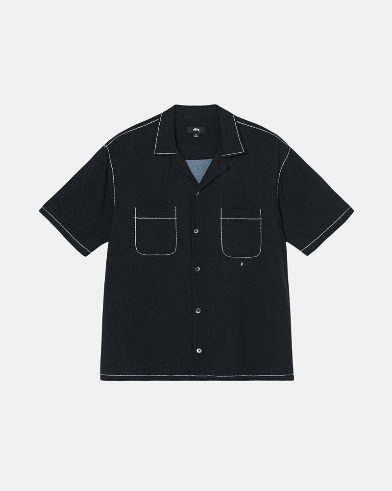 Black Men\'s Stussy Contrast Pick Stitched Shirts KSA | RSK-8258