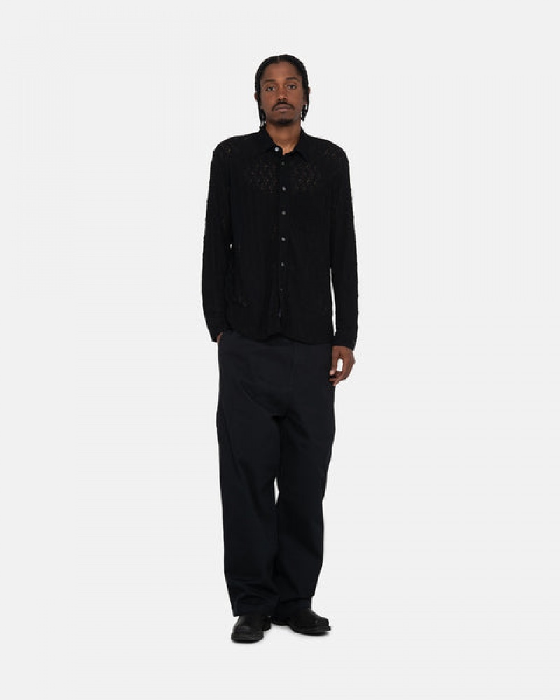 Black Men's Stussy Lace Ls Shirts KSA | UKJ-2247