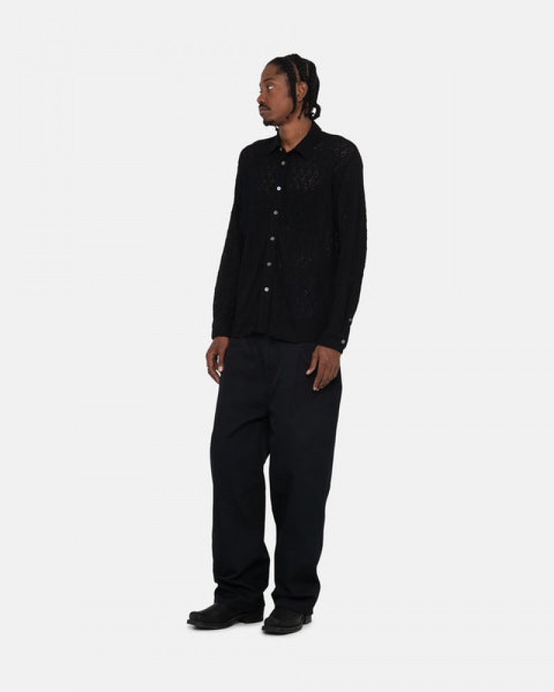 Black Men's Stussy Lace Ls Shirts KSA | UKJ-2247