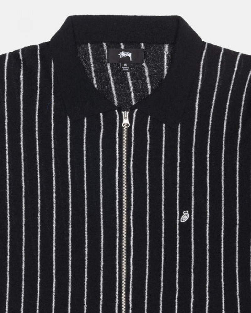 Black Men's Stussy Light Weight Ls Zip Polo Tops KSA | ZQD-9452