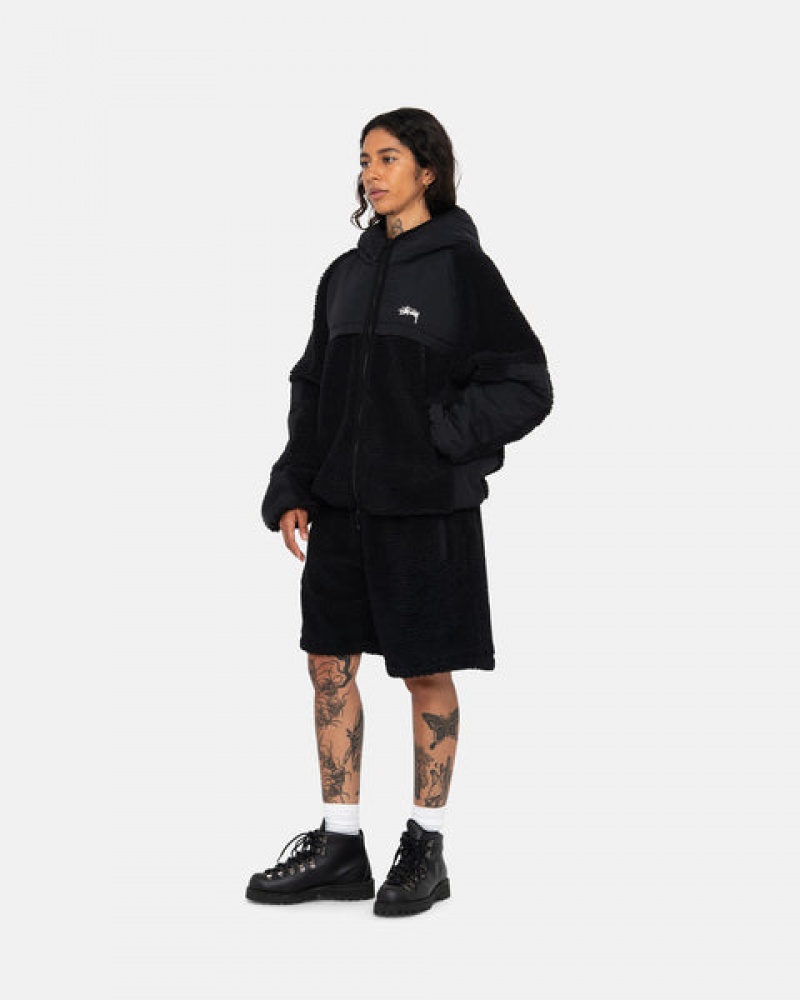 Black Men's Stussy Sherpa Paneled Hooded Jackets KSA | OYG-3782