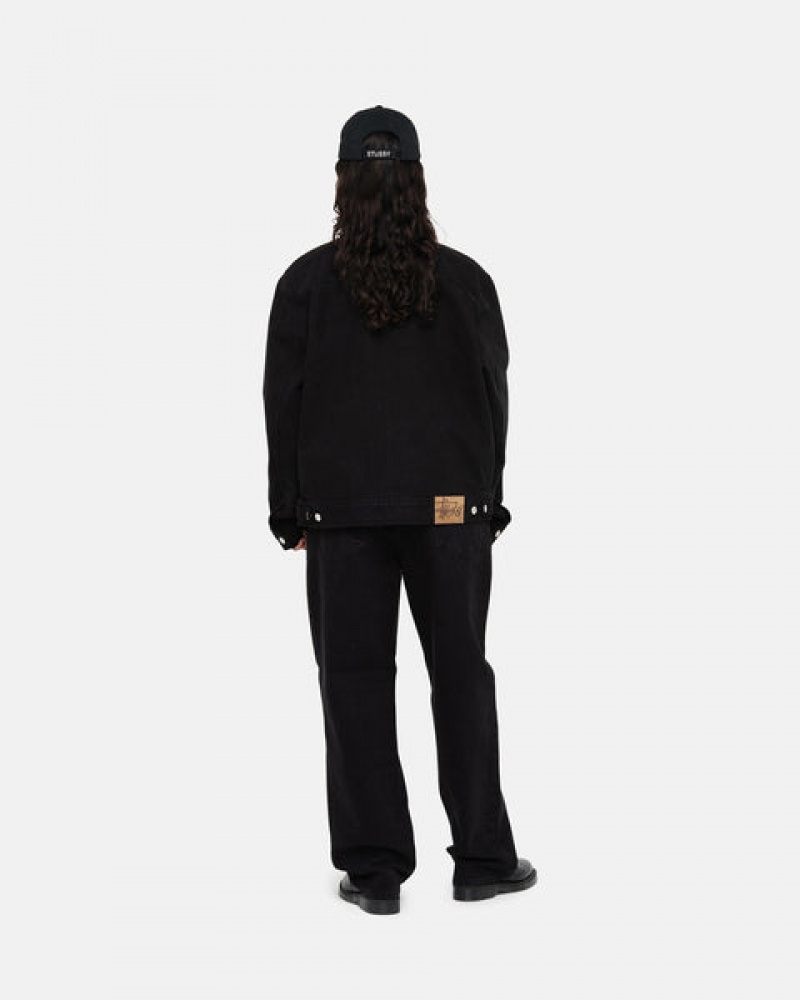 Black / Black Men's Stussy Zip Work Jacket Overdyed Denim KSA | SHG-6573