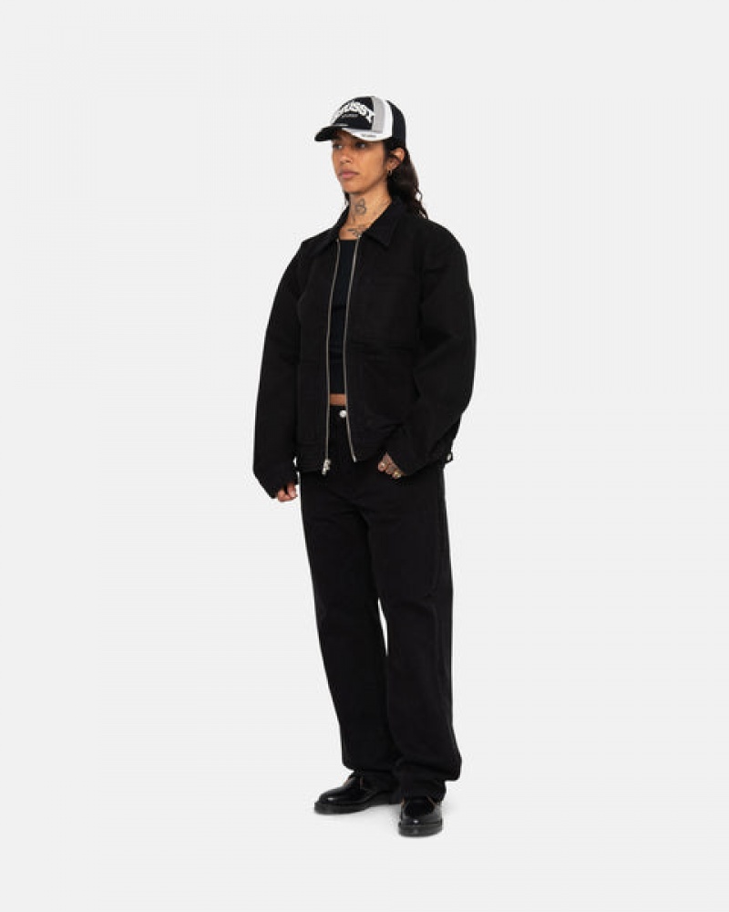 Black / Black Men's Stussy Zip Work Jacket Overdyed Jackets KSA | AVX-7649