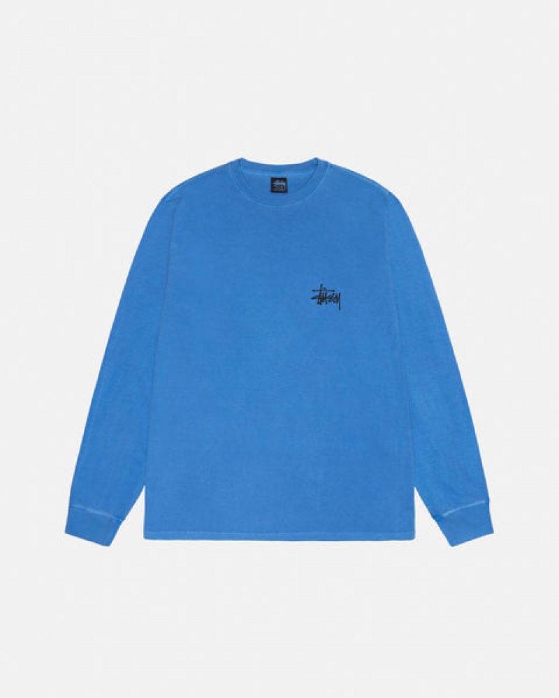 Blue Men's Stussy Basic Stussy LS Tee Pigment Dyed Tees KSA | FJG-5323