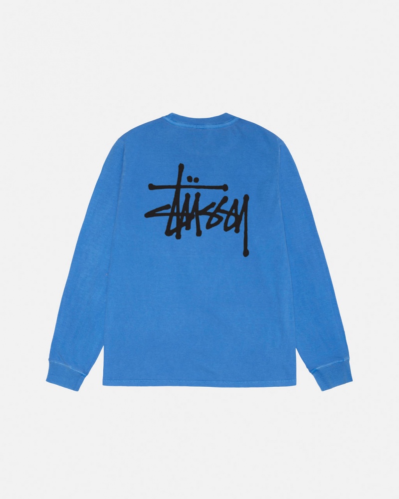 Blue Men\'s Stussy Basic Stussy LS Tee Pigment Dyed Tees KSA | FJG-5323