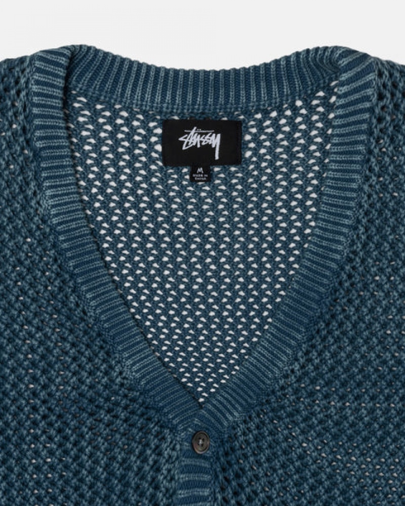 Blue Men's Stussy Loose Gauge Cardigan Sweaters KSA | PWS-2879