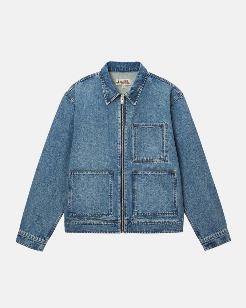 Blue Men\'s Stussy Zip Work Jacket Denim KSA | NID-9606