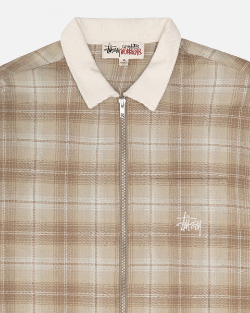 Brown Men's Stussy Frank Plaid Zip Shirts KSA | CXN-9015