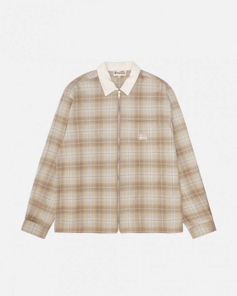 Brown Men\'s Stussy Frank Plaid Zip Shirts KSA | CXN-9015