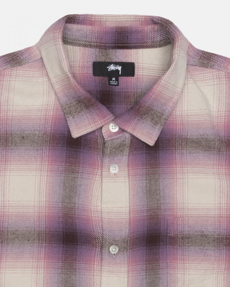 Burgundy Men's Stussy Bay Plaid Shirts KSA | NCZ-4809