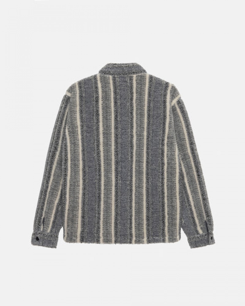 Charcoal Men's Stussy Striped Sherpa Shirt Jackets KSA | SRX-0559