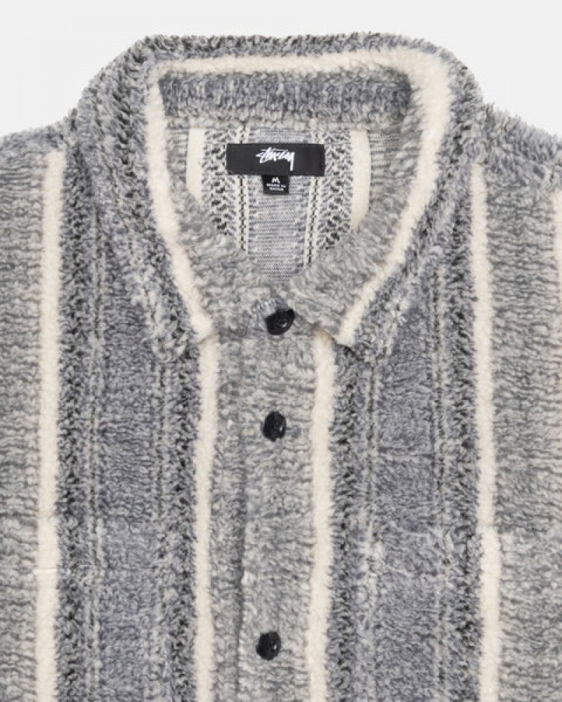 Charcoal Men's Stussy Striped Sherpa Shirt Jackets KSA | SRX-0559