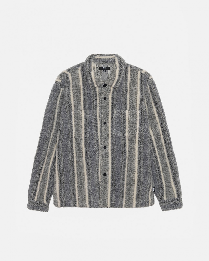 Charcoal Men\'s Stussy Striped Sherpa Shirt Jackets KSA | SRX-0559