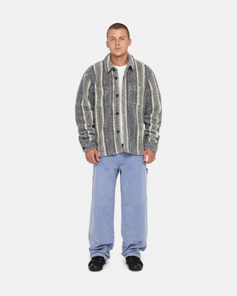 Charcoal Men's Stussy Striped Sherpa Shirts KSA | SHZ-3435