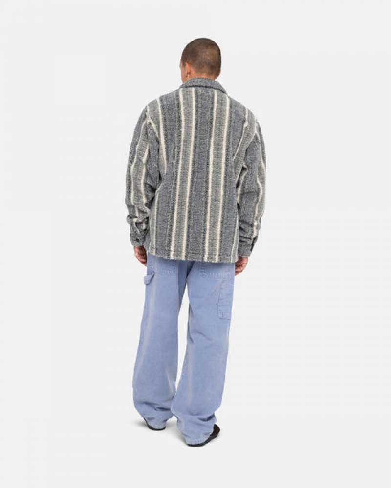 Charcoal Men's Stussy Striped Sherpa Shirts KSA | SHZ-3435