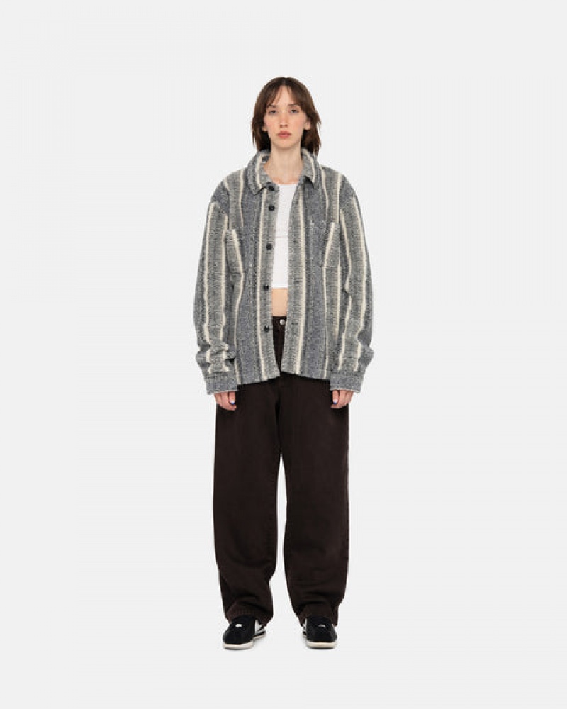 Charcoal Men's Stussy Striped Sherpa Shirts KSA | SHZ-3435