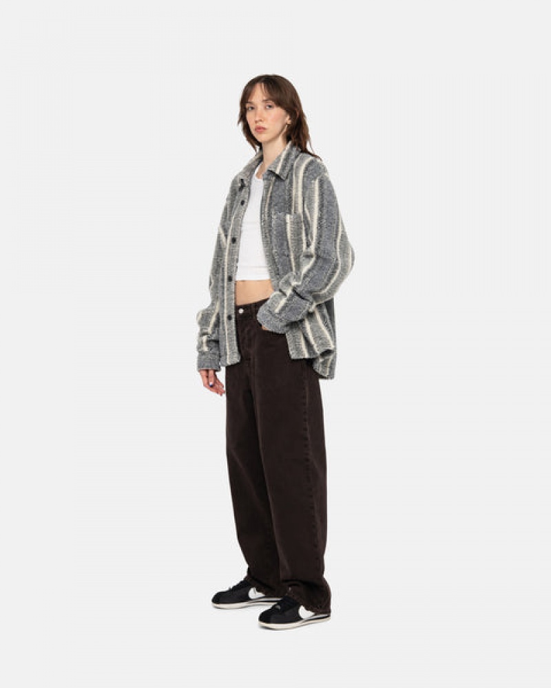 Charcoal Women's Stussy Striped Sherpa Shirt Jackets KSA | SBD-4863