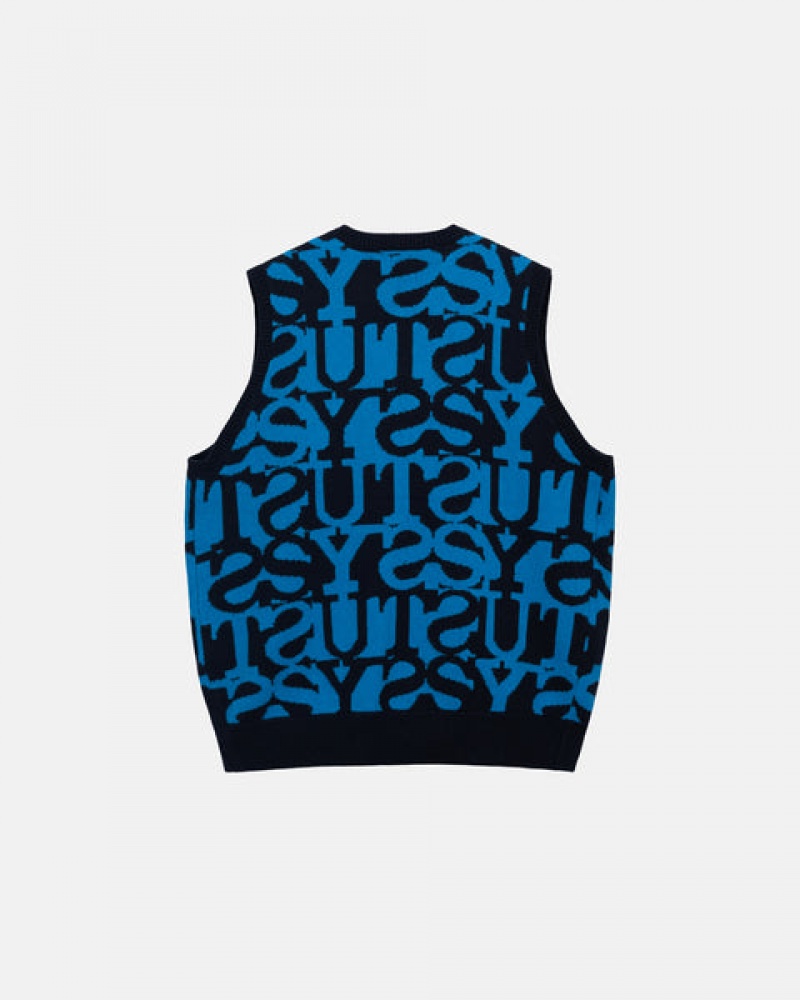 Dark Navy Men's Stussy Stacked Sweater Vest Sweaters KSA | YRB-7963