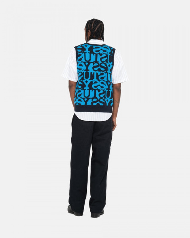 Dark Navy Men's Stussy Stacked Sweater Vest Sweaters KSA | YRB-7963