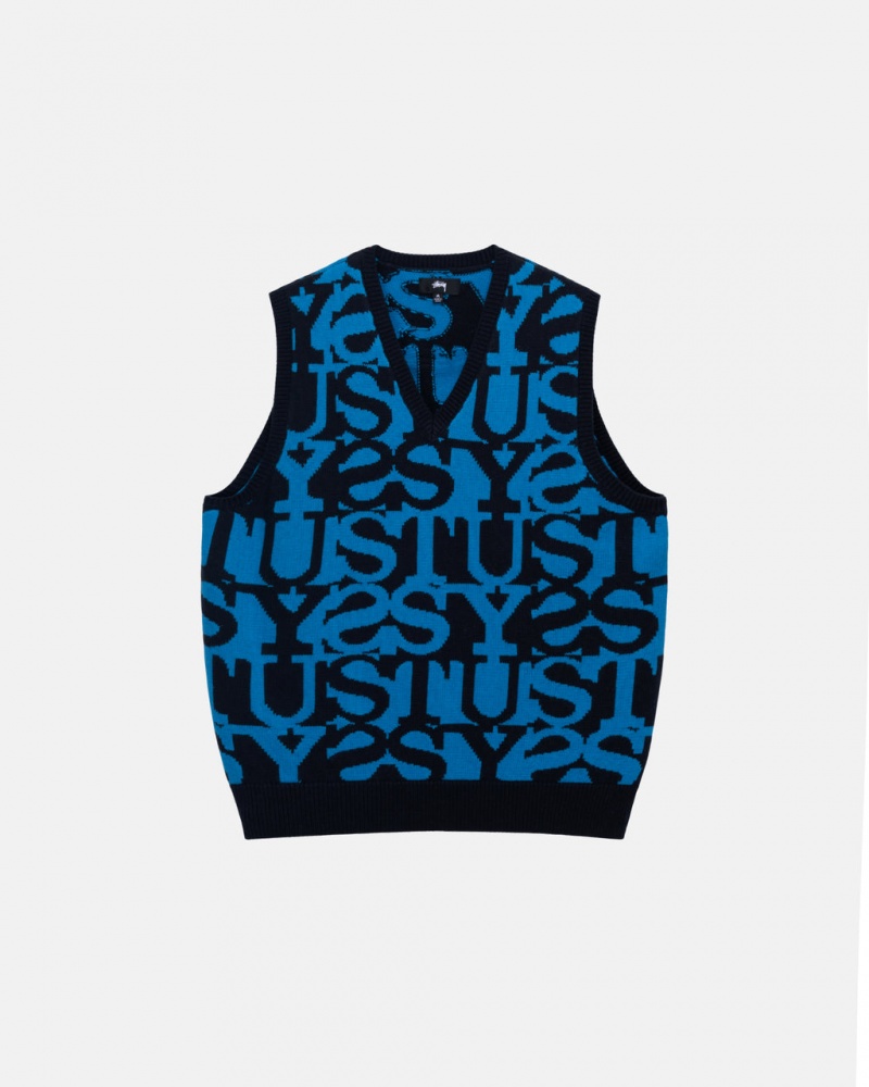 Dark Navy Men\'s Stussy Stacked Sweater Vest Sweaters KSA | YRB-7963