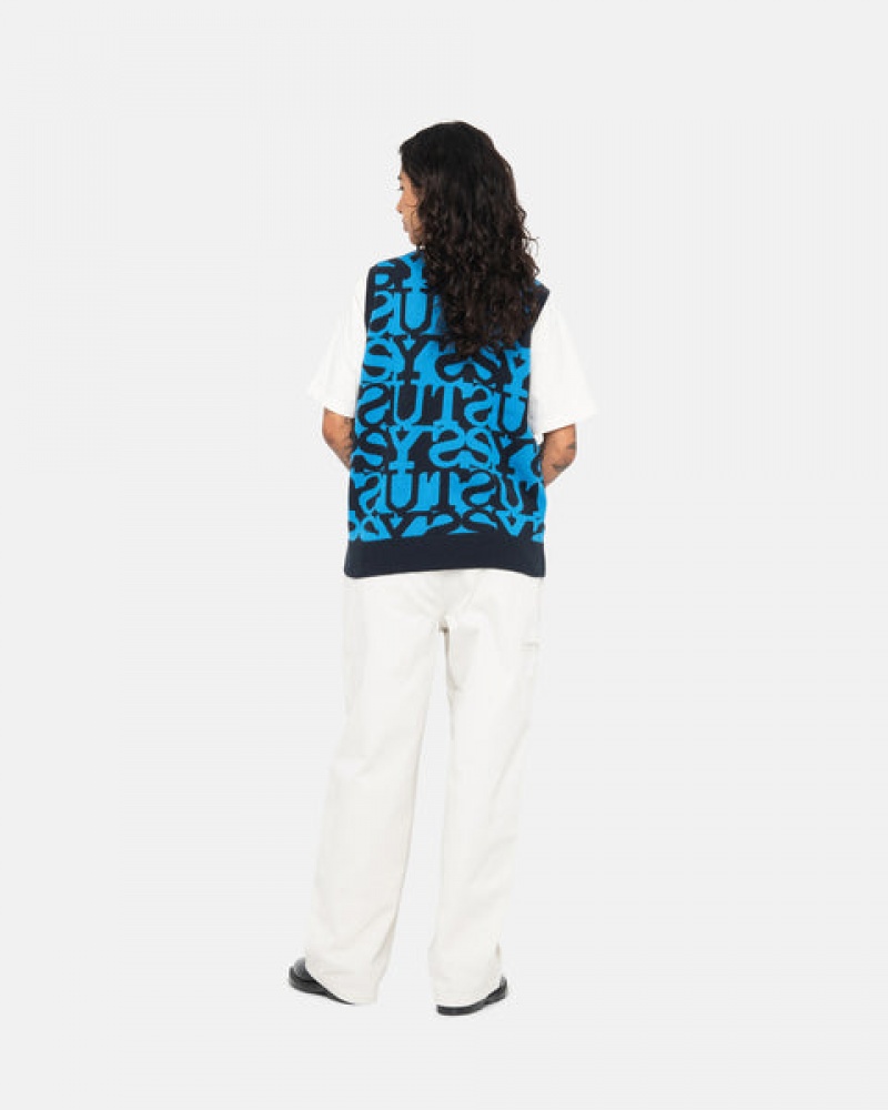 Dark Navy Women's Stussy Stacked Sweater Vest Sweaters KSA | RZN-7422