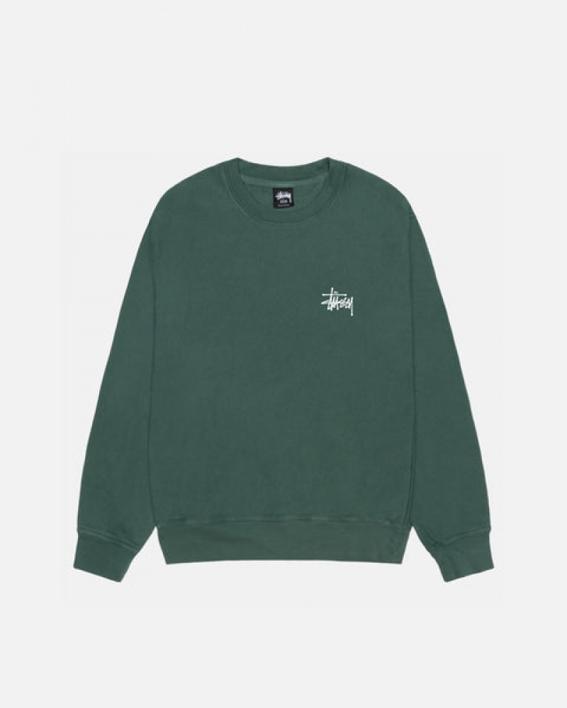 Green Men's Stussy Basic Stussy Crew Pigment Dyed Sweatshirts KSA | ZNH-8860