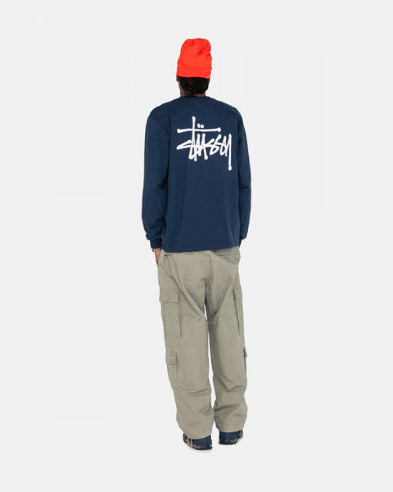 Navy Men's Stussy Basic Stussy Ls Tees KSA | EUJ-9176