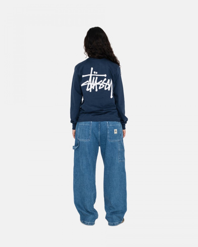 Navy Men's Stussy Basic Stussy Ls Tees KSA | EUJ-9176