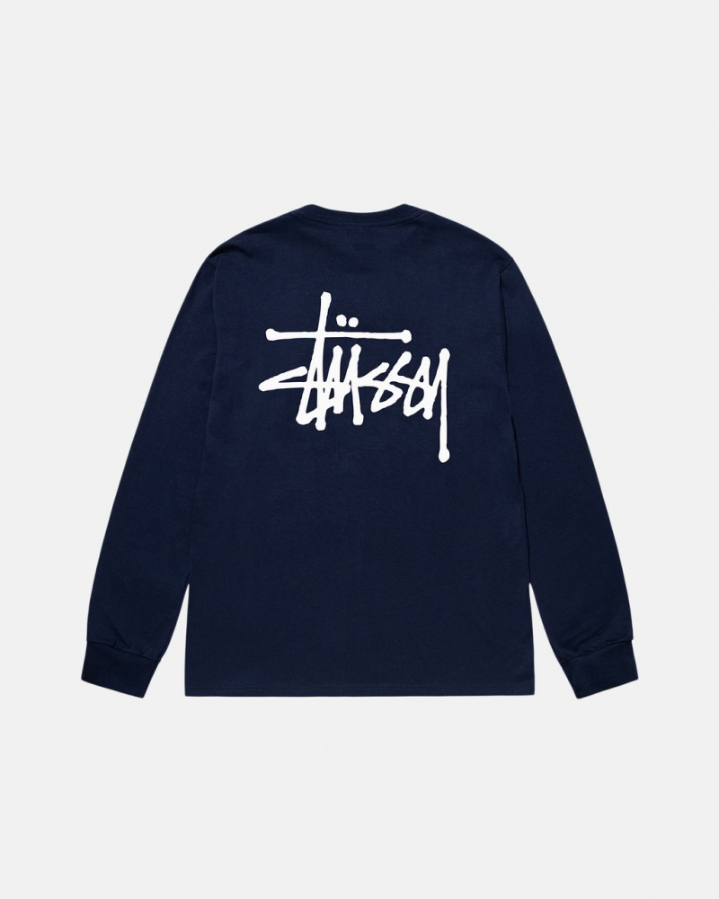 Navy Men\'s Stussy Basic Stussy Ls Tees KSA | EUJ-9176