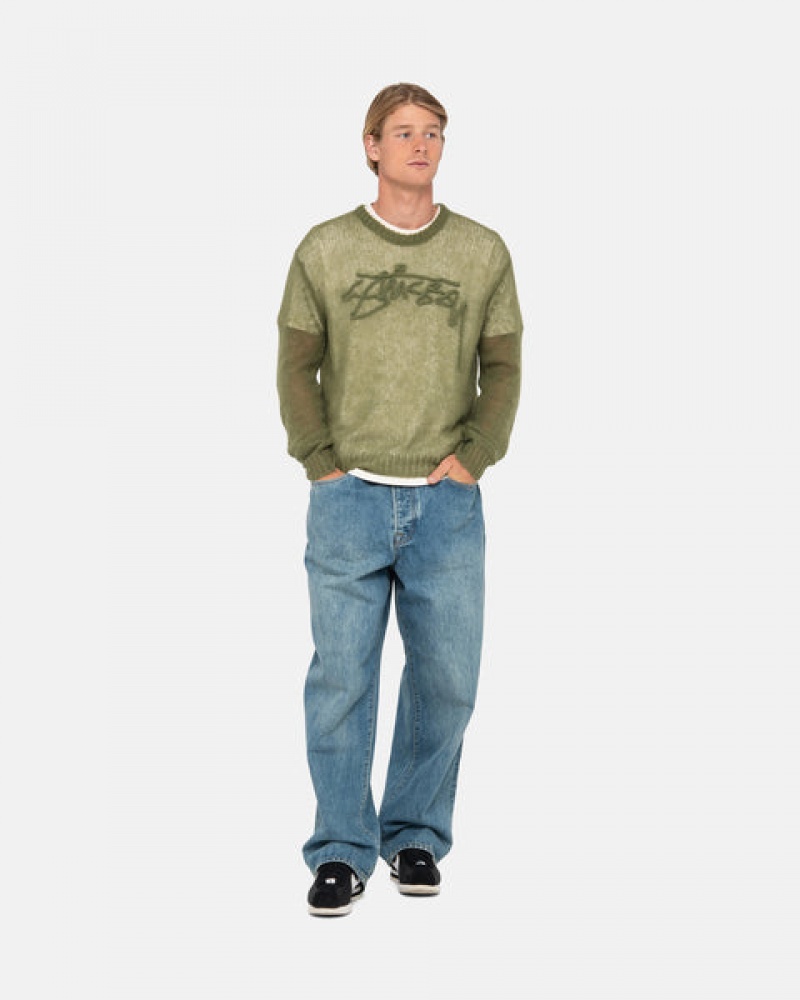 Olive Men's Stussy Loose Knit Sweaters KSA | EQO-1594